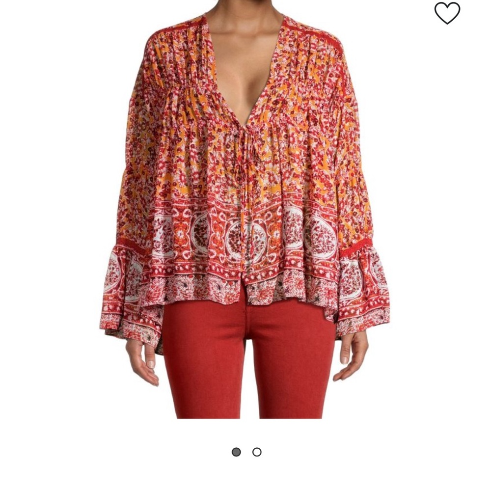 Free People Lorraine Tier Kimono Bohemian Print tie-Front Top Cardi Rust Lace L - Picture 11 of 12